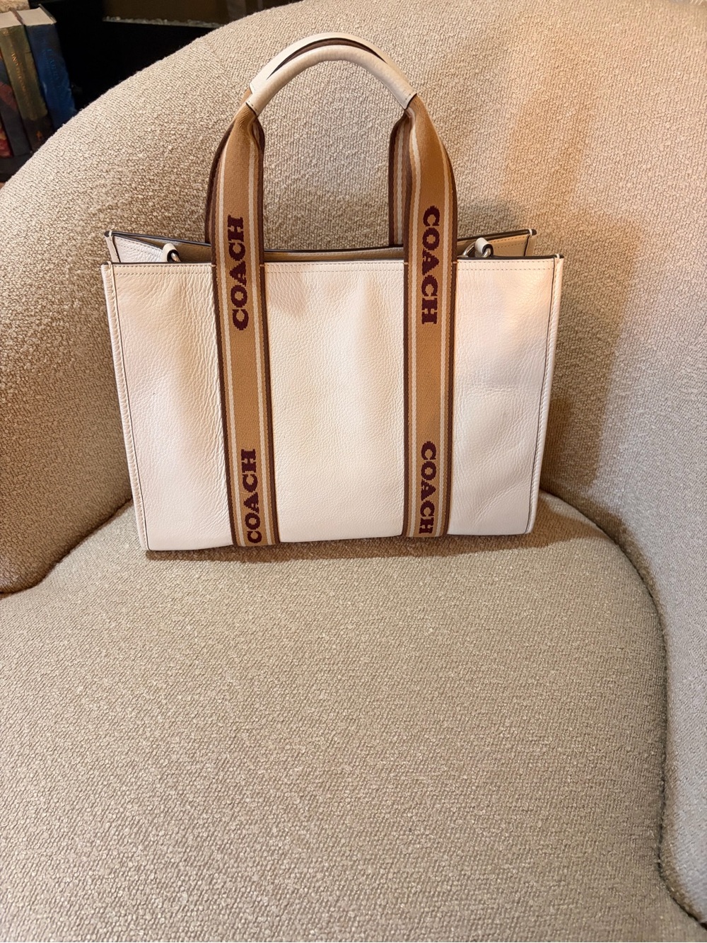 Coach White Leather Tote with Tan Branded Straps